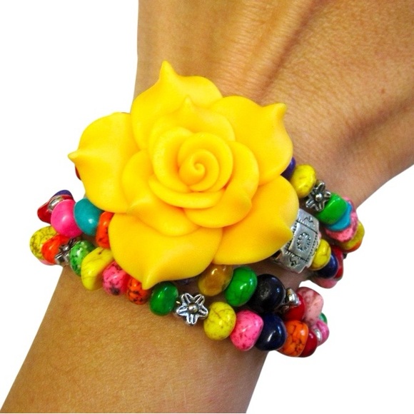 Yellow Rose Silver Conch Western Bracelet Rainbow Stone Wrap Cuff - Picture 4 of 4